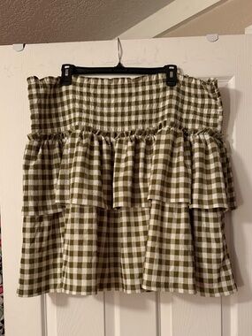 Cato Olive and White Gingham Ruffled Skater SKORT
